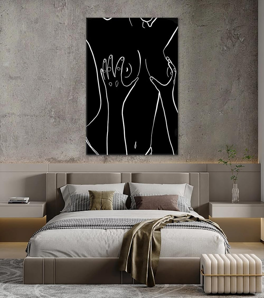 Erotic Woman Body Canvas Wall Art - Black White Sexy Girl Figure Line Art Print Modern Abstract Erotic Mature Artwork