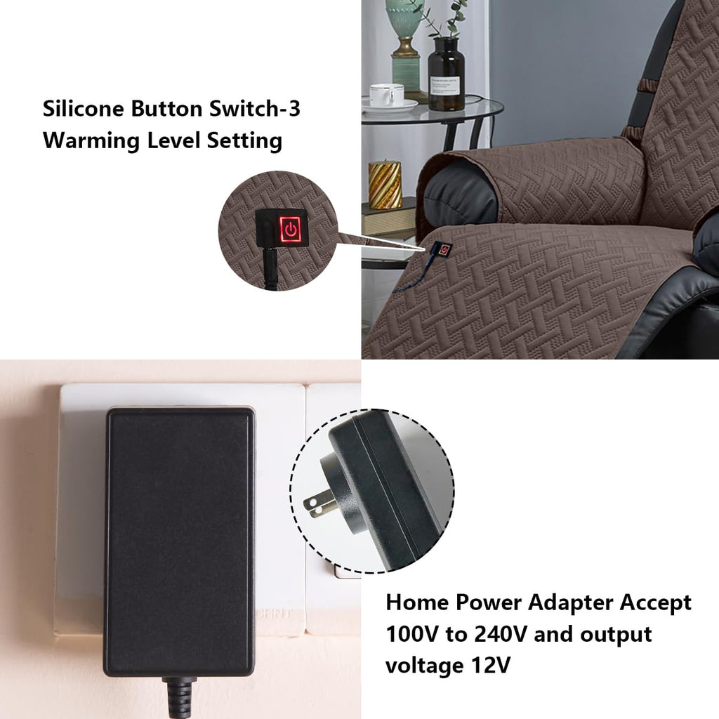 Heated Recliner Cover, Water Resistant Recliner Slipcover, Stay in Place (Chocolate, Heated Recliner 25" Regular)