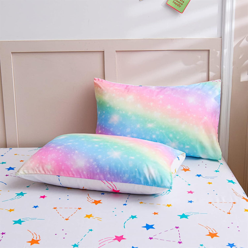 6Pcs Gradient Glitter Bedding Set for Girls Full, Colorful Rainbow Galaxy Comforter Set, Ultra Soft Bedding Sets, Pink