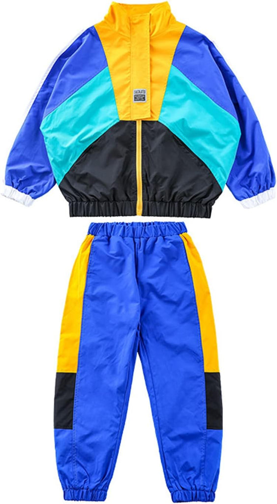 Boys Girls Color Block Jacket Track Pants Set Hip Hop Dance Clothes