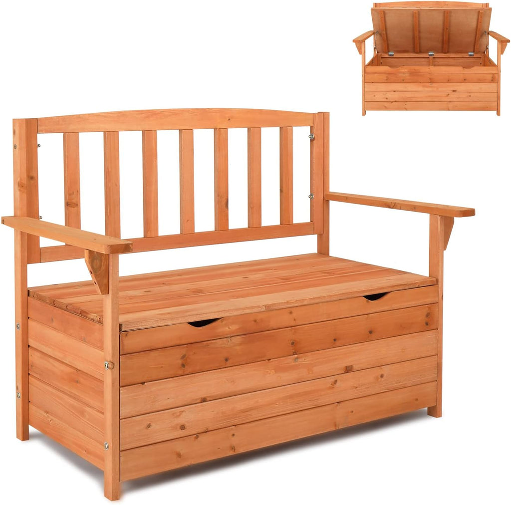 Outdoor Wood Storage Bench, Deck Box Loveseat, Natural | Waterproof Patio Organizer Provides Seating and Storage for