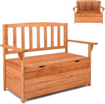 Outdoor Wood Storage Bench, Deck Box Loveseat, Natural | Waterproof Patio Organizer Provides Seating and Storage for