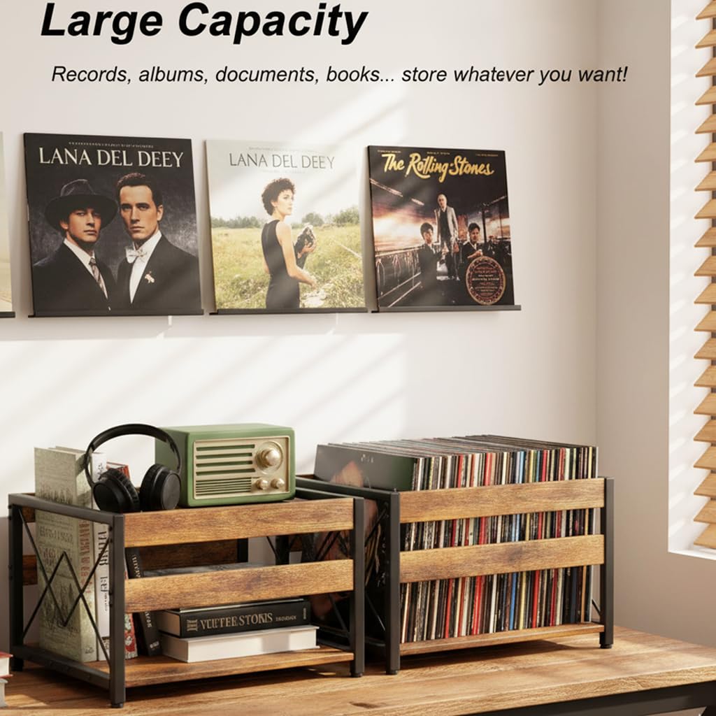 Vinyl Record Storage Crate, Wooden Storage Box, Classic Cube CD Albums Shelf Holder Organizer, Holds Up to 100+
