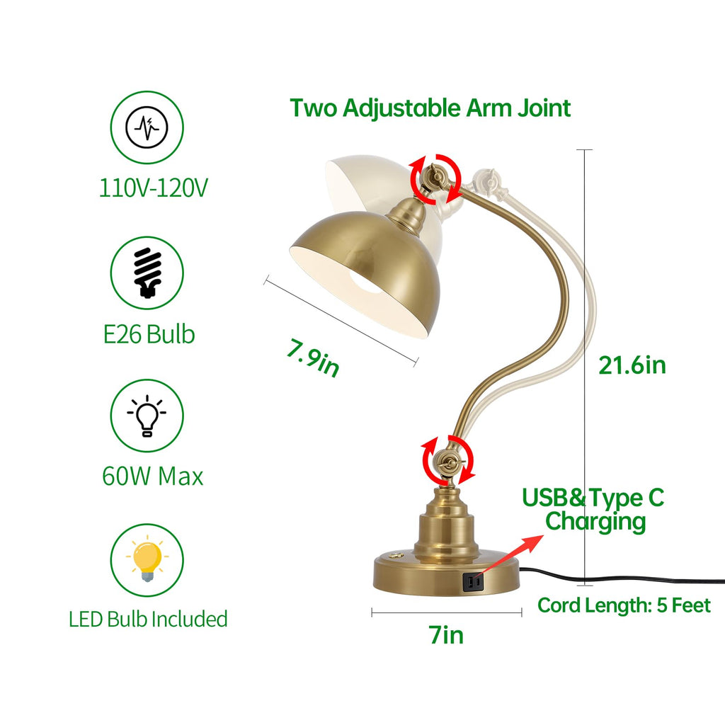 Dimmable Touch Control Gold Desk Lamp with Swing Arm Charging Port