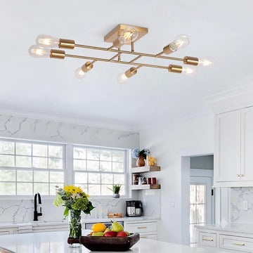 8 Light Semi Flush Mount Modern Ceiling Light Fixture Brushed Brass