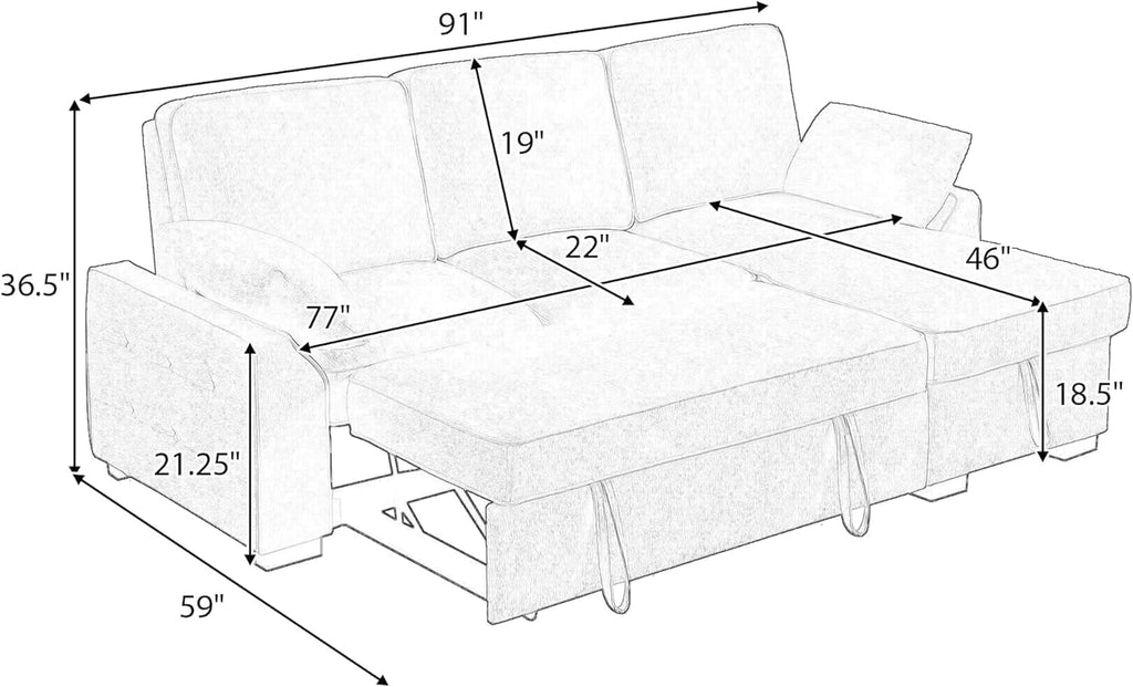 L-Shaped Pull Out Sleeper Couch Bed, Modern Chenille Upholstered Button Tufted Corner Couch Reversible Sectional