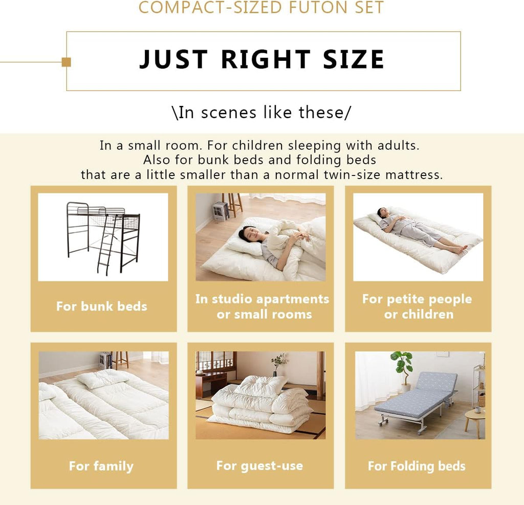 Space-Saving Japanese Futon Set (Futon Mattress, Comforter & Pillow) Compact-Twin, Made in Japan, Foldable Floor