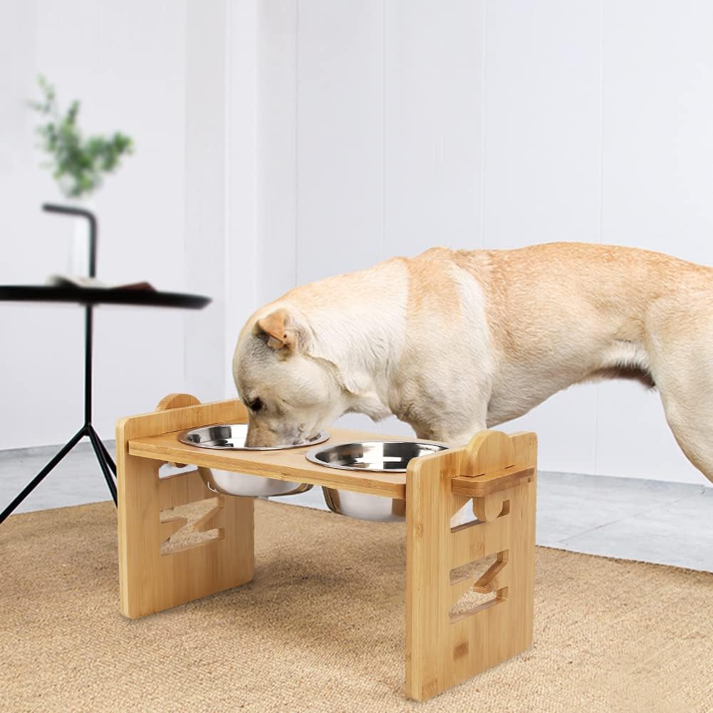Elevated Dog Bowls, Adjustable Raised Tilted French Bulldog Food Water Bowl, Slanted Bamboo Pet Feeding Station