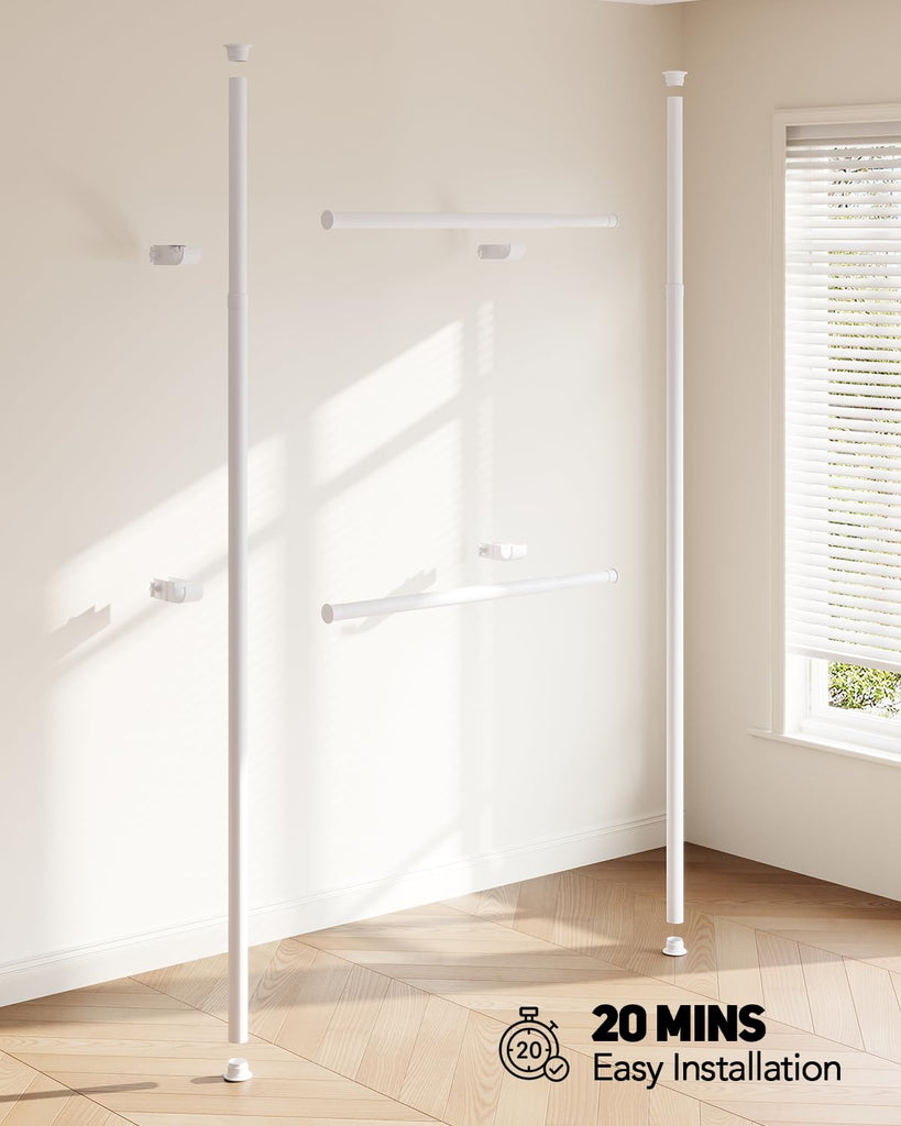 Floor-to-Ceiling Clothing Rack with Wire Storage Basket, Double Hanging Rods, Adjustable Tension Closet Organizer