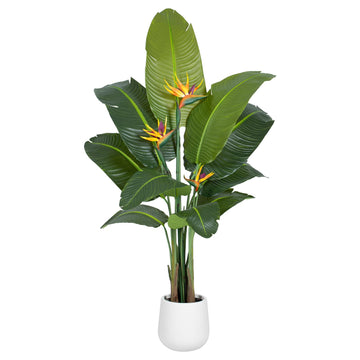 Bird of Paradise Artificial Plant in White Pot, 5ft Tall Faux Banana Leaf Tree with 3 Tropical Bird Flowers & 10