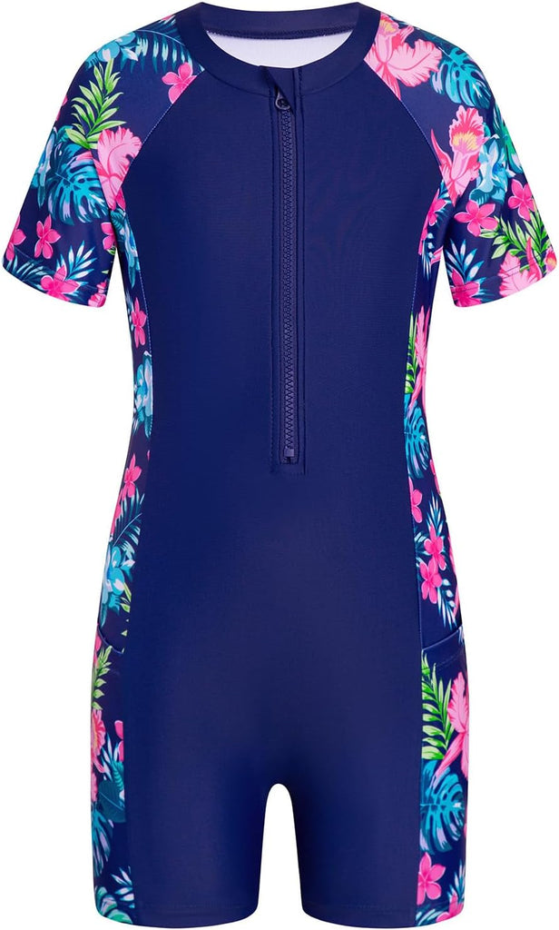 Girls Short Sleeve UPF 50+ Rash Guard Teen Colour Block One Pieces Bathing Suits with Zip