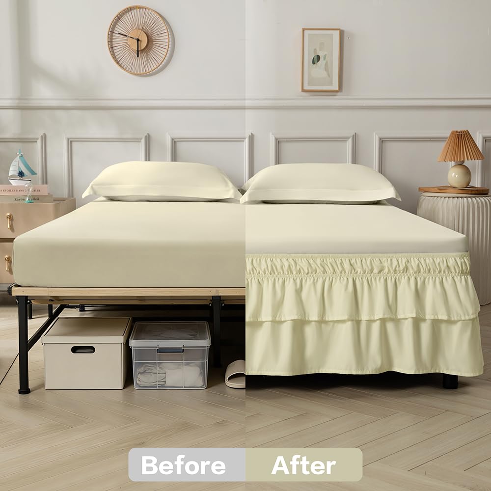 Double-Layered Ruffled Bed Skirt, Beige, 14" Drop