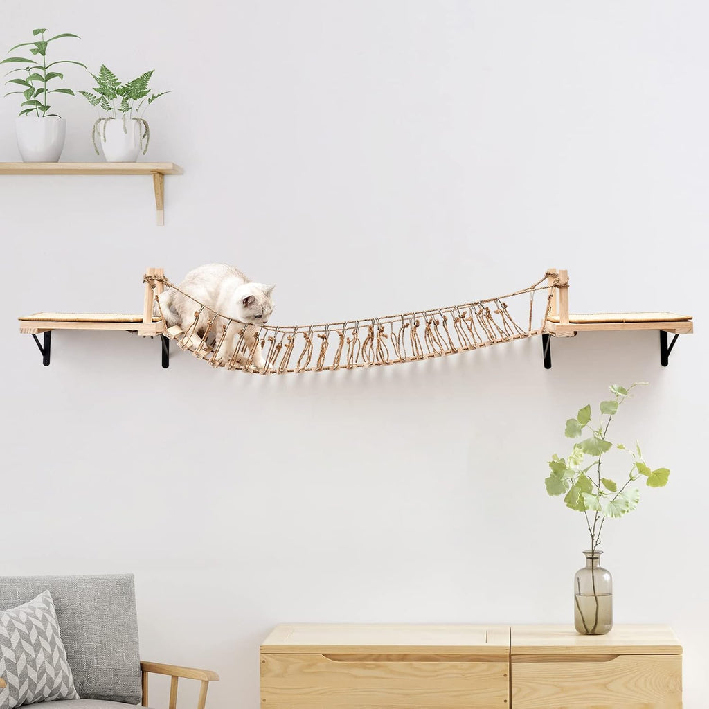 Wall-Mounted Cat Roped Bridge Long for Indoor Cats, Cat Wall Shelves for Sleeping, Playing, Climbing, Wooden Cats Bed