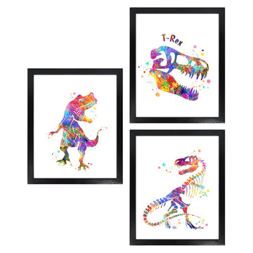 Unframed (Set of 3) 24X30 T Rex Watercolor Art Print Poster Dinosaur Ancient Animals Skeleton Archaeology Museum