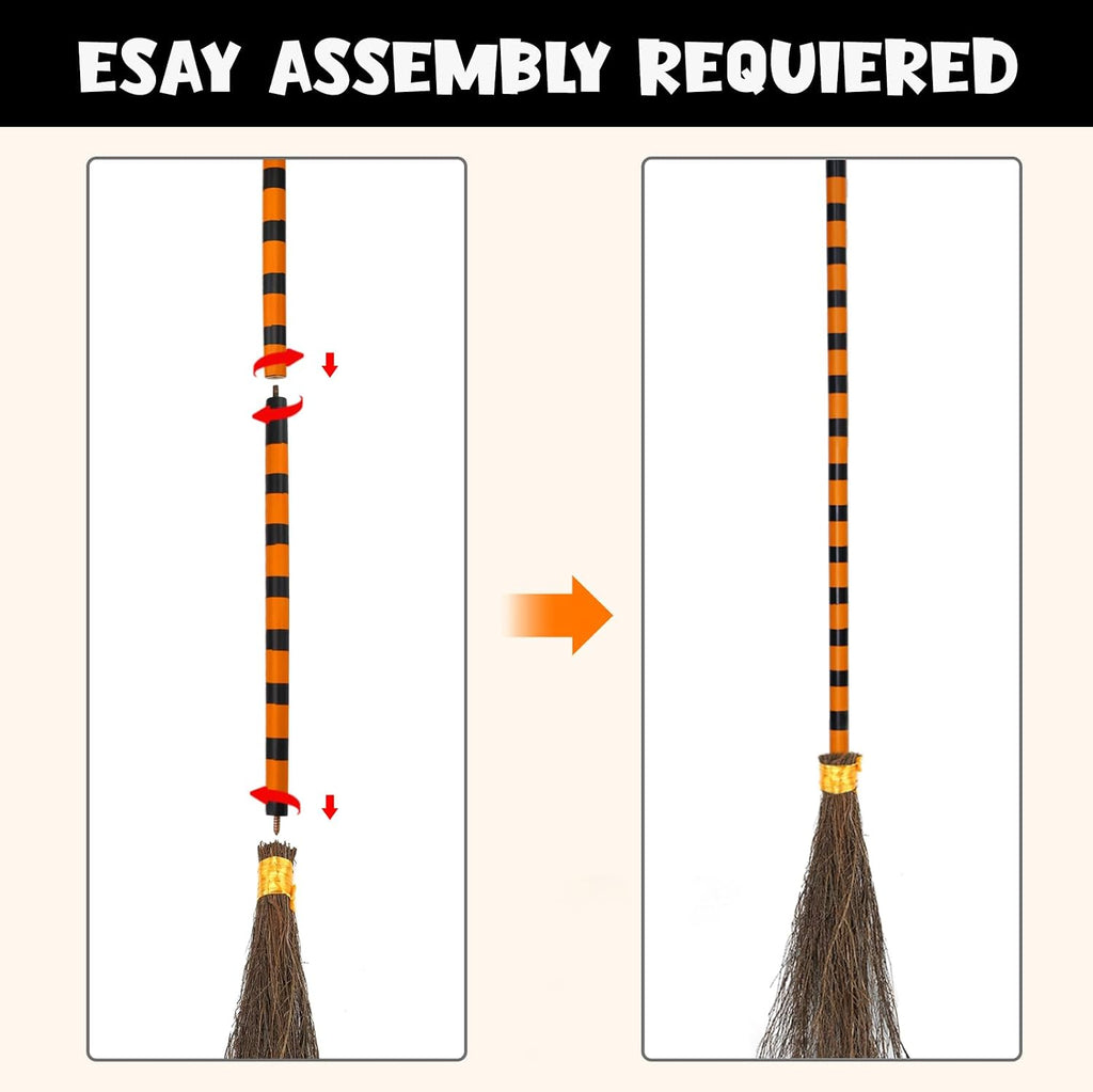 Halloween Decorations - Broom Parking Sign with 3 Wooden Witches Brooms - Set of 4