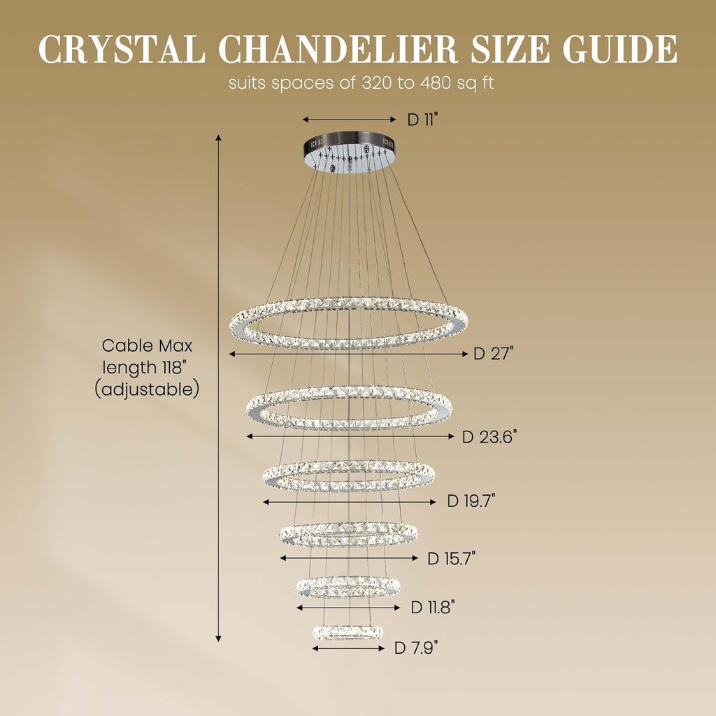 Modern Crystal Chandelier Lighting, 6 Ring Chandelier LED Ceiling Lights Fixtures with 3-Color, High Ceiling Foyer Chandeliers for Living Room Dining Room Staircase, D8-12-16-20-24"-28" A100-B07C2NGZ2T