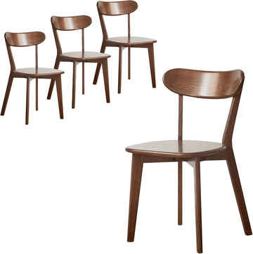 Mid Century Modern Walnut Dining Chairs Set of 4, FAS-Grade Solid Oak All Hardwood Frame, Armless & Curved Back
