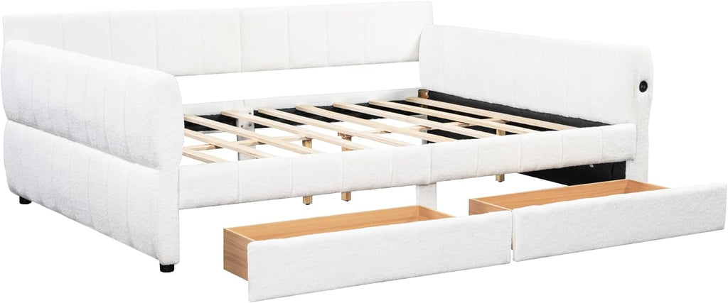 Queen Daybed Frame with 2 Drawers, Lambswool Upholstered Day Bed with USB Ports, Wood Slat Support, No Box Spring