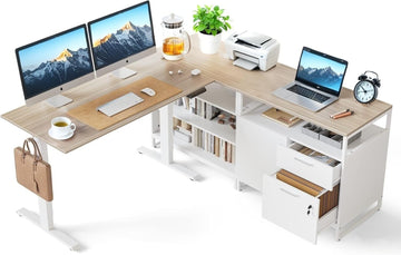Electric L Shaped Standing Desk with Storage, Executive Desk Adjustable Height, Light Walnut