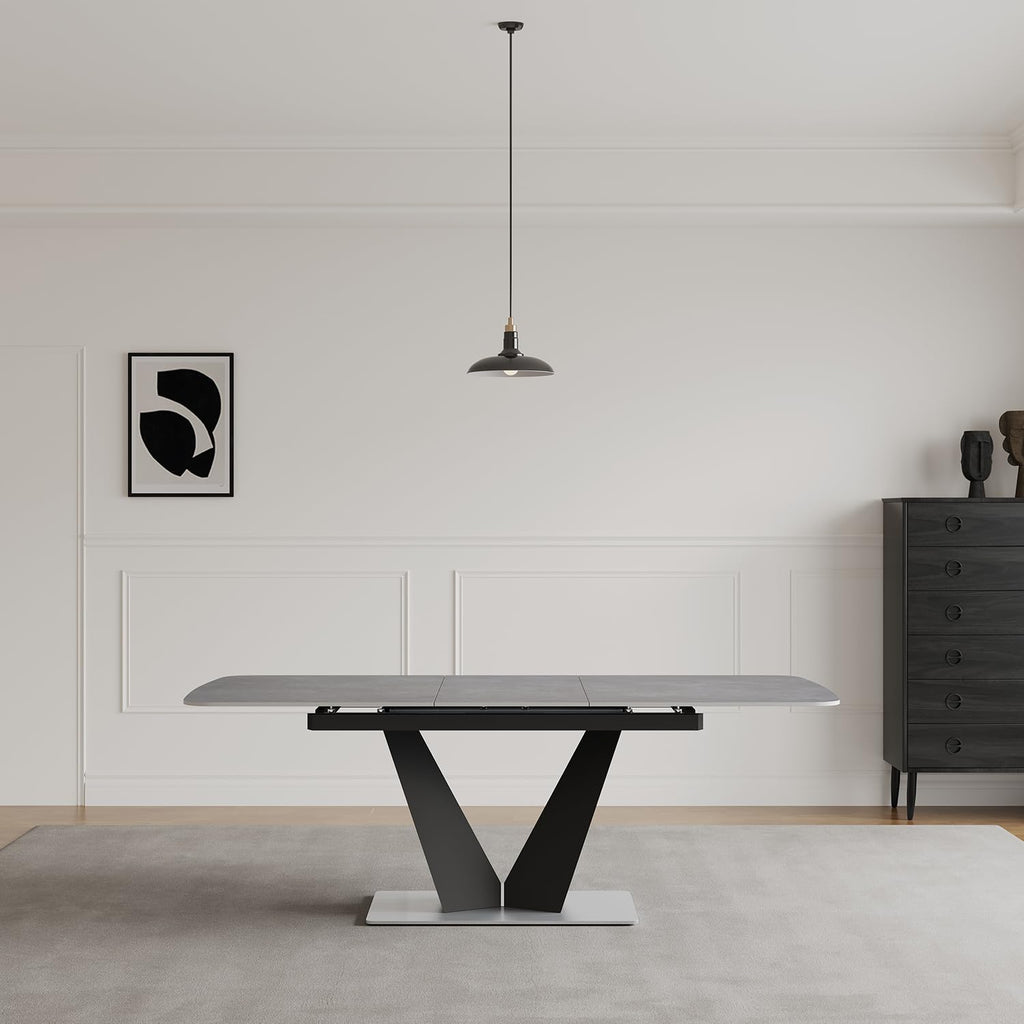 79" Extendable Sintered Stone Dining Table, Modern Rectangular Single Dining Table with V-Shape Carbon Steel Base