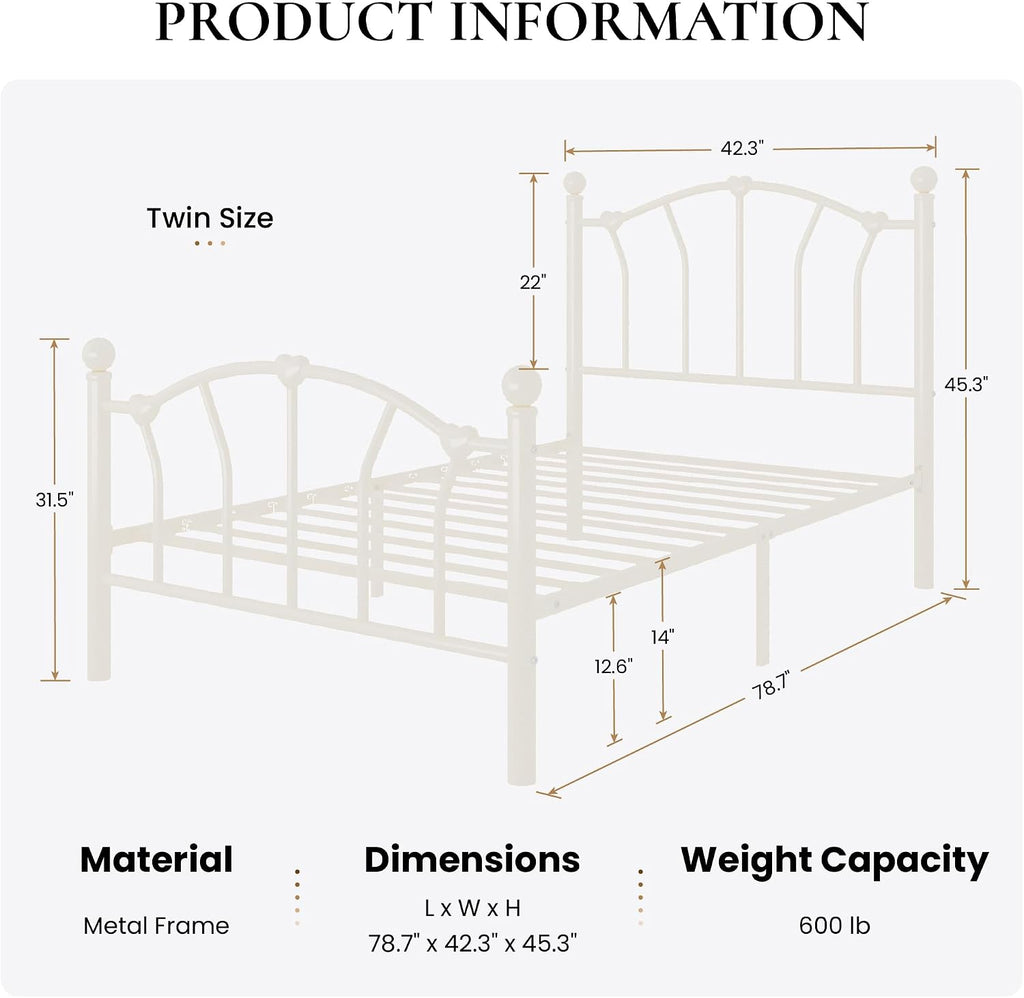 Metal Twin Bed Frame for Kids, Heart-Shaped Design, Cream White | 14 Inch Iron-Art Plarform Bed with