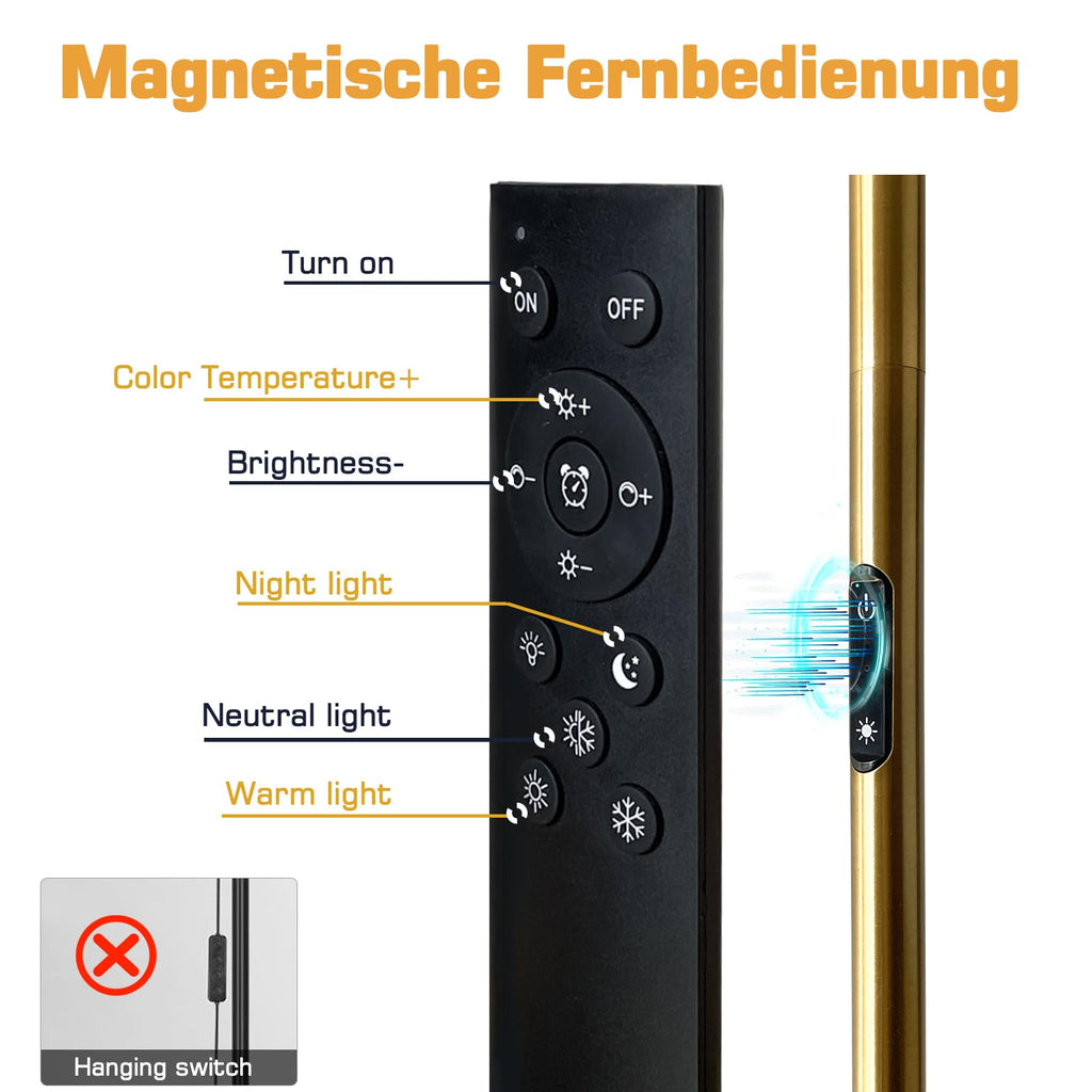 Mid Century Gold Floor Lamp - Dimmable, Remote & Touch, 3-Light
