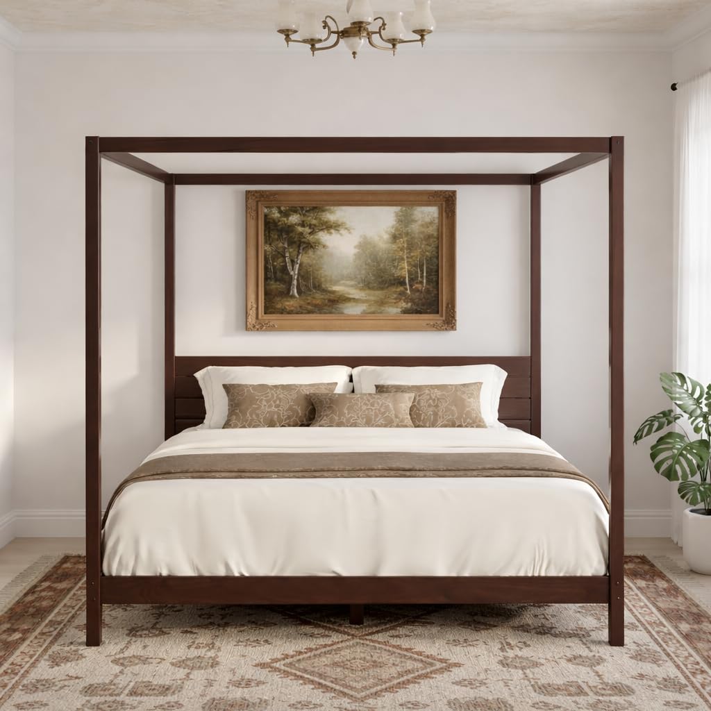 Solid Pine Canopy Bed Frame, King - Walnut Finish