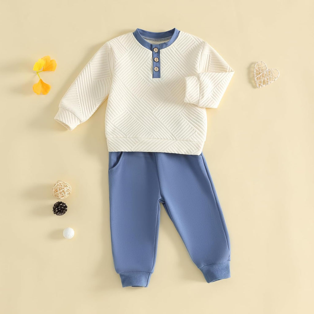Toddler Boy Fall Winter Clothes Button Crewneck Sweatshirt and Pants Sets