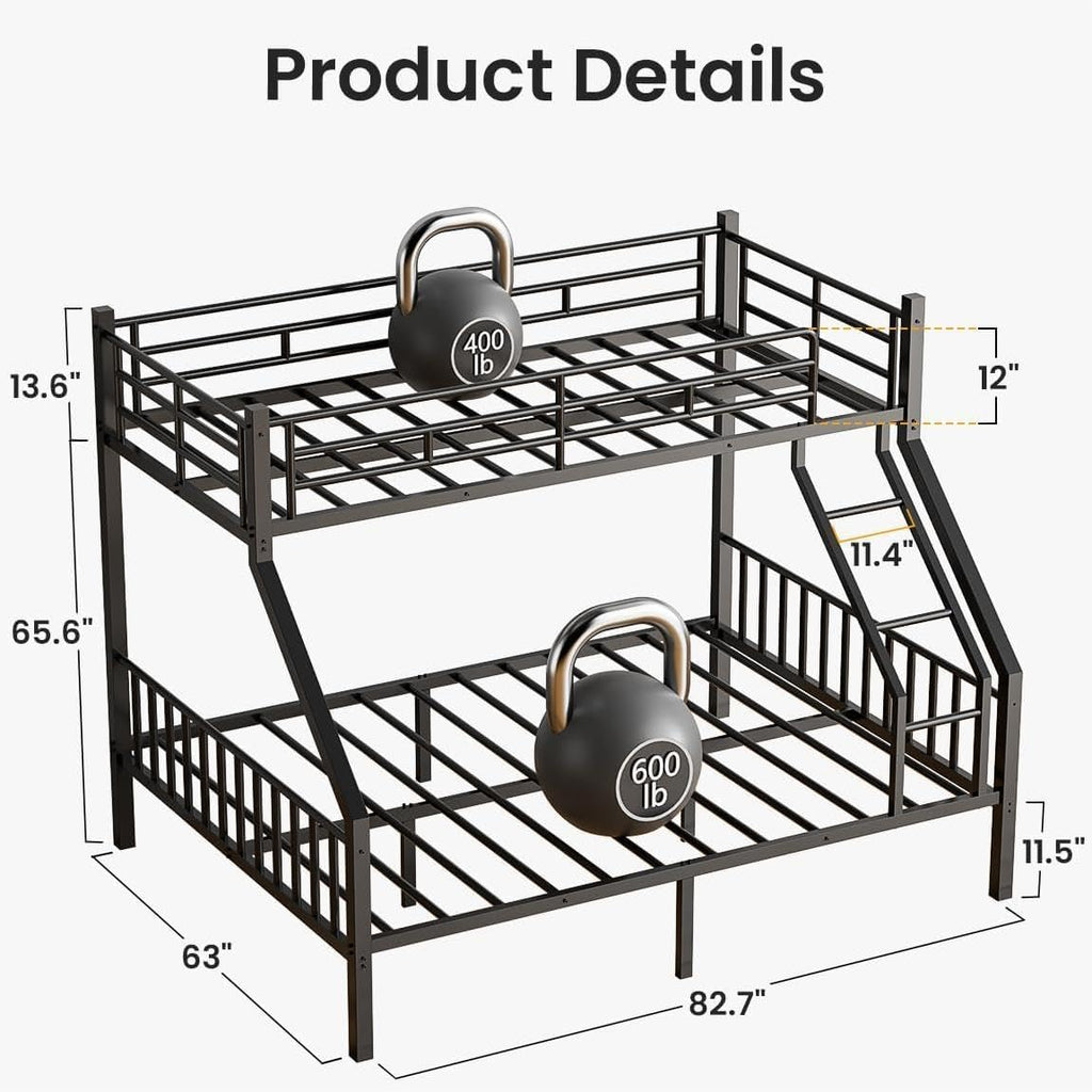 Heavy Duty Twin XL Over Queen Bunk Bed, Metal Steel Bed Frame with EVA-Padded Angled Ladder & Full-Length Guardrails