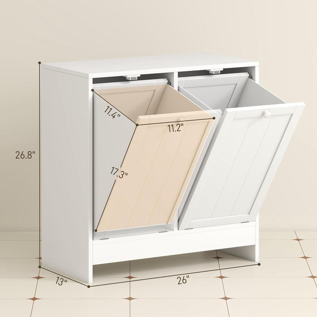 Double Tilt Out Laundry Hamper Cabinet with Storage 2 Doors White