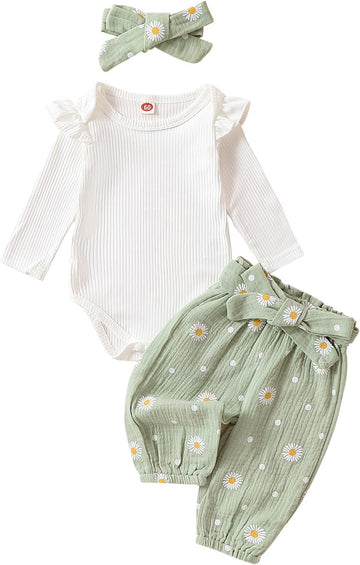 Newborn Infant Girl Clothes Rib Knit Romper Daisy Print Pants Headband Baby Clothes for Girls 0 3 6 12 18