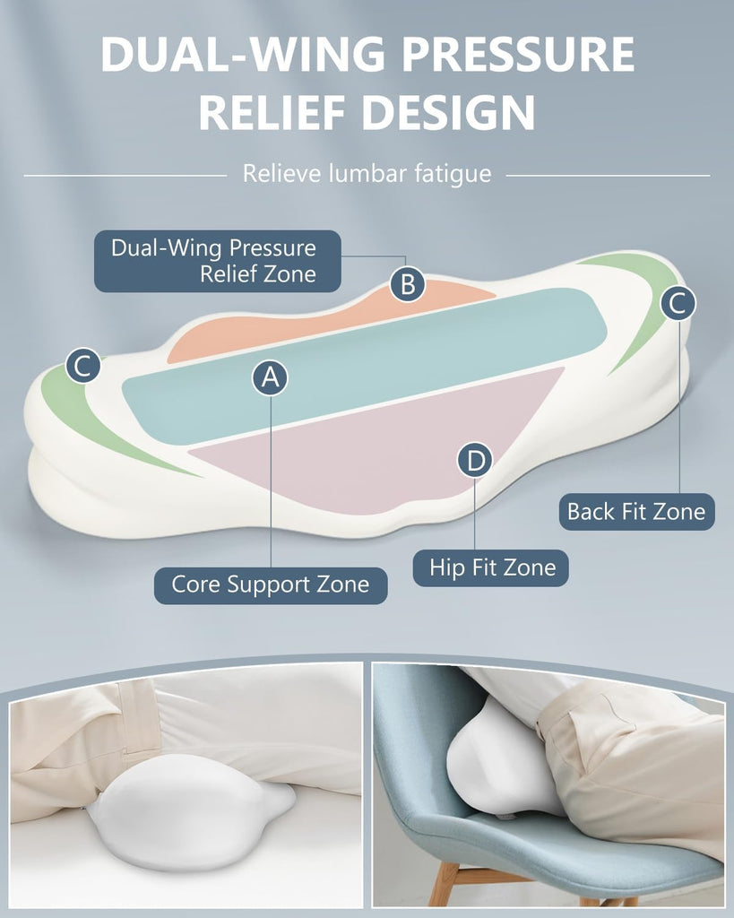 Ergonomic Lumbar Support Pillow, Dual-Wing Memory Foam Back Cushion for Lower Back Pain Relief & Posture Support