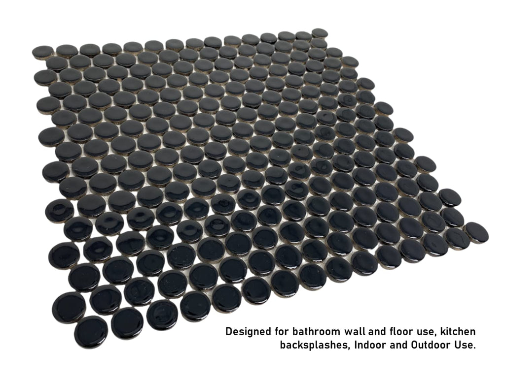 Penny Round Black Porcelain Mosaic Wall Floor Tile Backsplash Shiny Look Shower, Accent Decor, Fireplace Surround