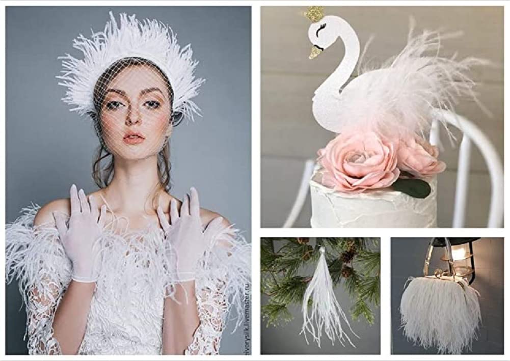 Ostrich Feathers Trims Fringe with Satin Ribbon Tape - for Dress Sewing Crafts Costumes Decoration Pack of 2 Yards