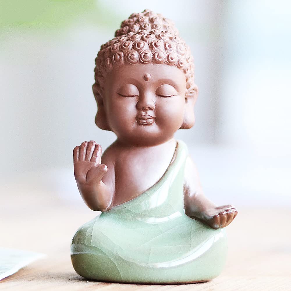 Ceramic Tiny Cute Baby Buddha Statue Monk Figurine Decoration Zen Decor Peaceful Rulai Figurine (D)