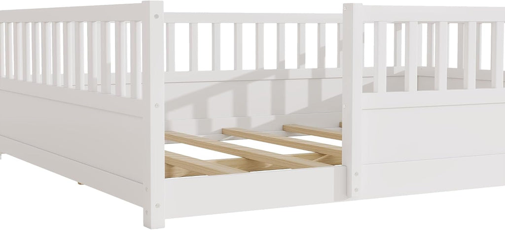 Kids Montessori Floor Bed Frame with High Fence, White
