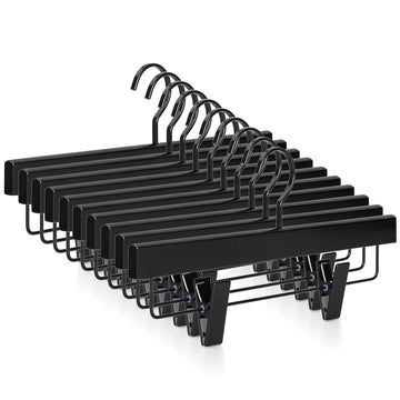 Black Wooden Pants Hangers, Wood Skirt Hangers with Clips, Deluxe Jeans Hanger with 360° Swivel Anti-Rust Flat Hook