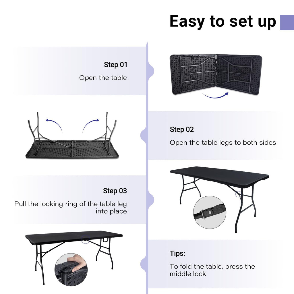 Folding Table 6ft, Heavy Duty Plastic Fold-in-Half Utility Table, Black