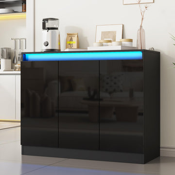 High Gloss Buffet Cabinet with LED Lights & Charging Station, Black