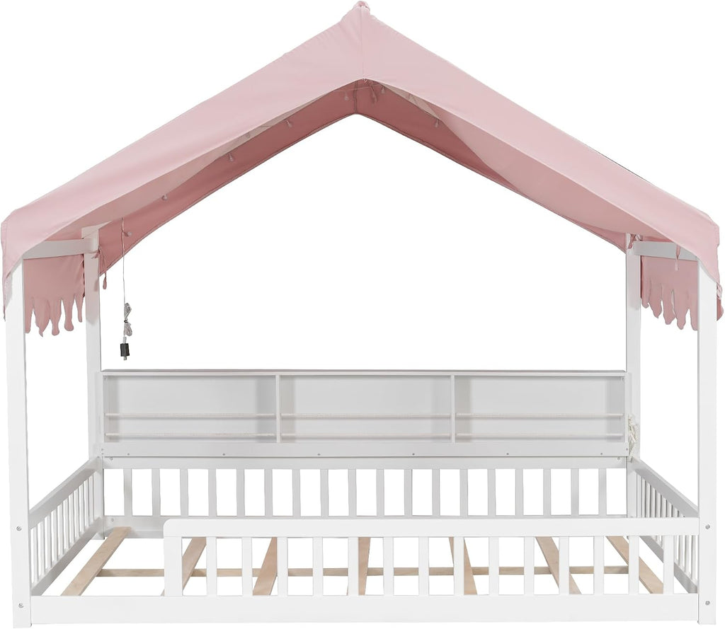 House Floor Bed with Storage Shelves for Kids, Wooden Montessori Floor Bed with Fence, LED Light, and