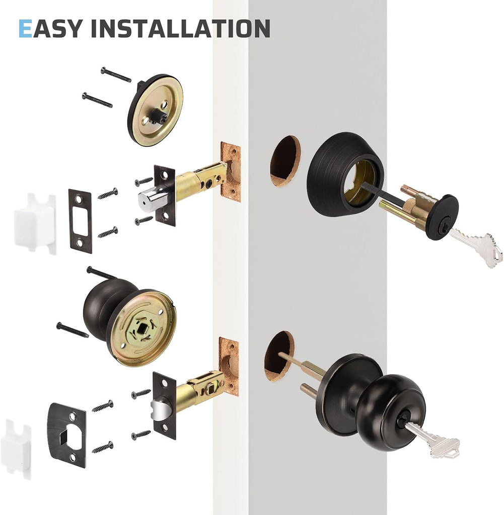 Keyed Entry Door Knob and Single Cylinder Deadbolt Combo Set, Exterior Door Knobs for Entrance and Front Door, Keyed