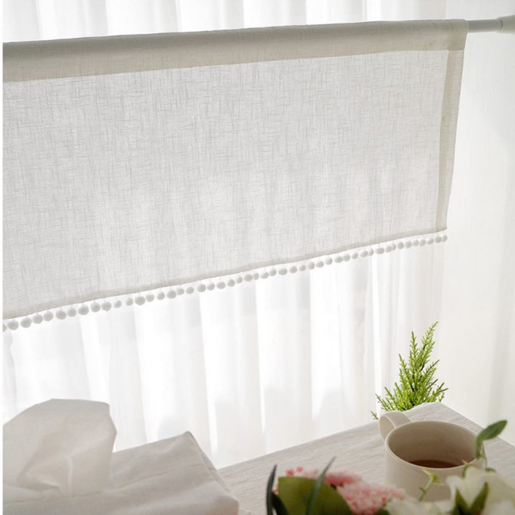 Short Curtain for Small Window Solid White Sheer Cotton Linen with Pompom Tassel Window Treatment Valance Window