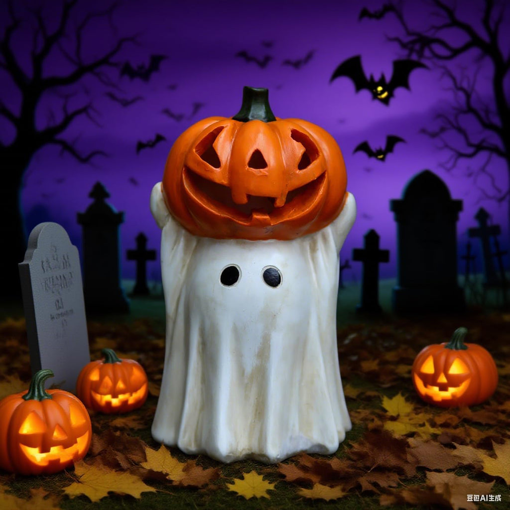 Halloween Ghost Decoration with Light-Up Jack-o'-Lantern Head,Cute Little White Ghost Holding Mini Pumpkin