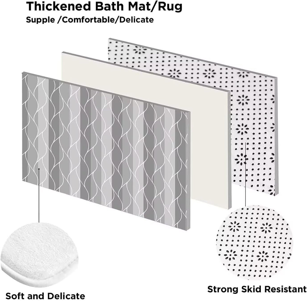 4Pcs Grey Wave Lines Set with Rugs Stripe Bathroom Set