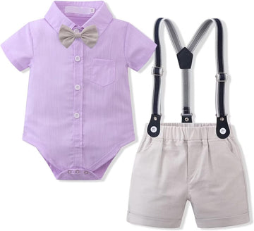 Toddler Gentleman Suit Outfits Shirt + Suspender Short Pants + Bowtie for Baby Boys