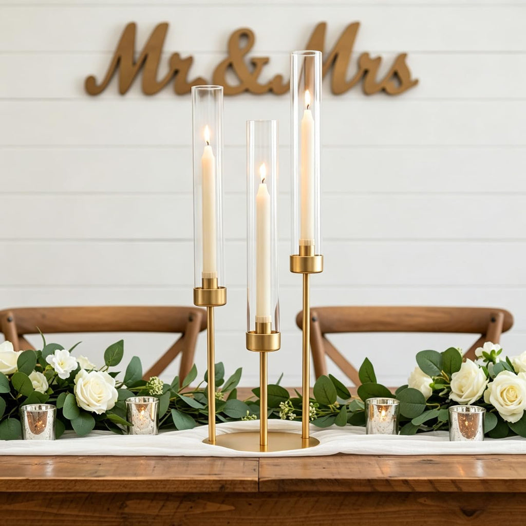 3-Arm Gold Candelabra, Tall Candle Stick Holder 23.03",Candelabras with Glass Lampshade & Heavy Base - Ideal