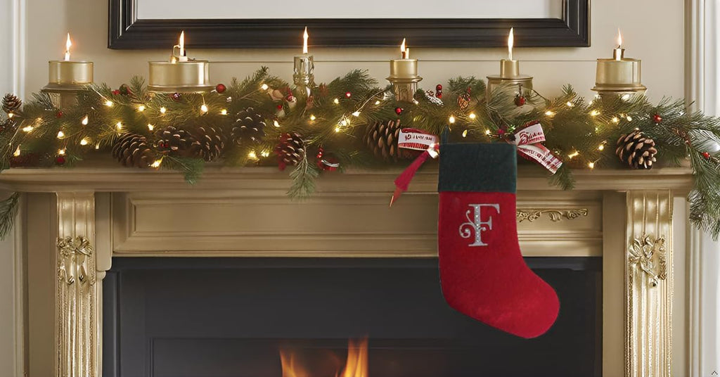 Christmas Stocking Red & Green Velvet with Tassel, Rhinestone Monogram (F)