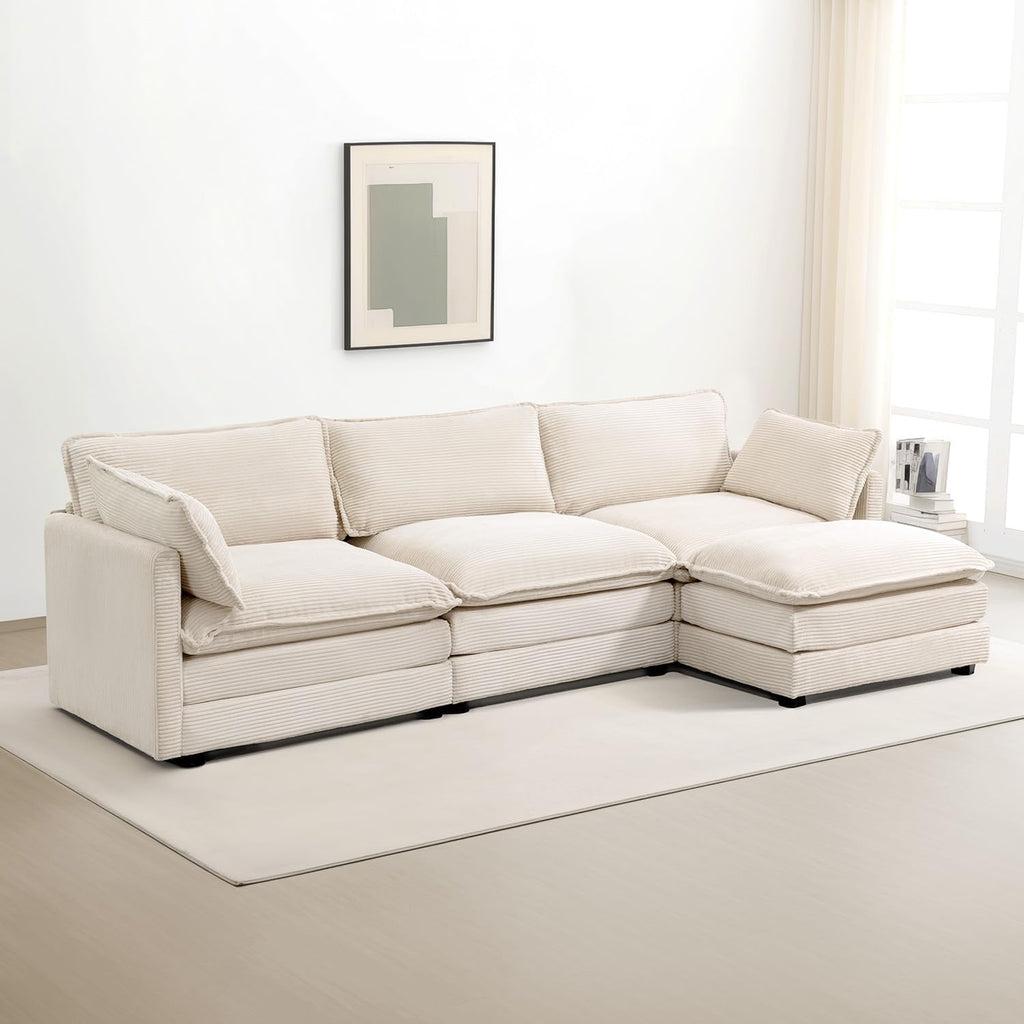 Oversized Modular Sectional Sofa with Movable Ottoman, 112 Inch 4 Seat Modern Corduroy Sofa Set