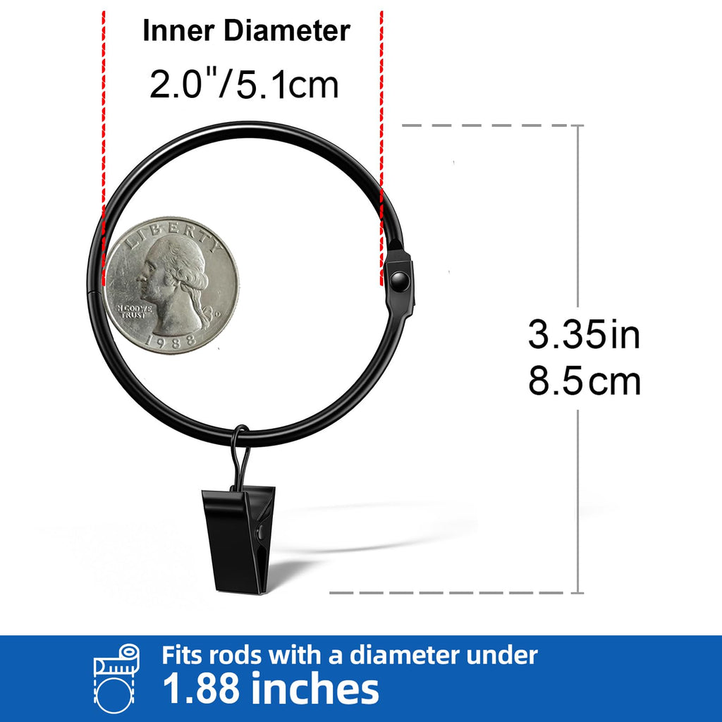 24 Pack 2 Inches Openable Curtain Rings with Clips