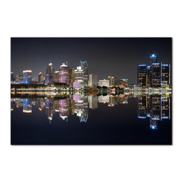 Framed Canvas Print Wall Decor Detroit Cityscape City Photography Realism Contemporary Black and White Michigan Night